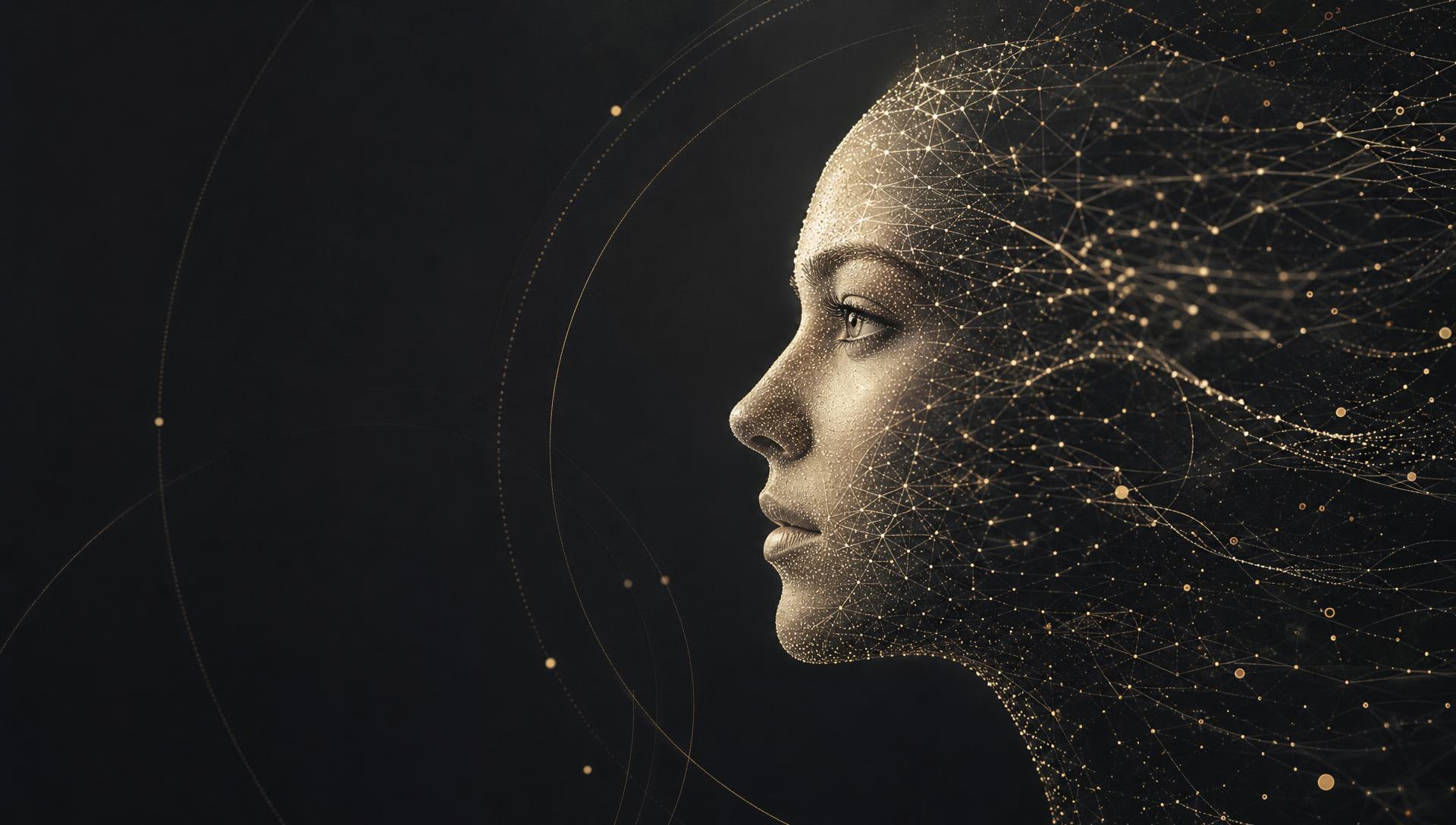 Rosto humano formado por partículas e conexões de inteligência artificial